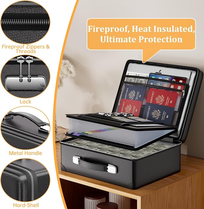 DocSafe 6400°F Fireproof Document Box with Lock, 10 Layers Heat Insulated | Fire&Water Resistant,Hard Case Safe Box with Zipper＆Multi Pockets, Protects Personal Items,Documents,Laptop,Passport,Black