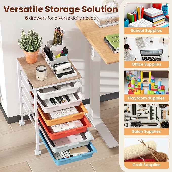 Giantex Rolling Storage Cart with 6 Drawers, Utility Cart w/Wooden Tabletop, Lockable Wheels, Multipurpose Organizer for Art Craft Scrapbooks Paper, Drawer Carts for Dorm Classroom Office, Macaron