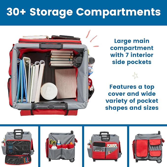 ECR4Kids Universal Rolling Cart with Canvas Organizer Bag, Mobile Storage, Red/Grey | Durable plastic, 30 compartments, adjustable handle, 40 lb capacity, collapses to 3" thick, rolling wheels for easy transport