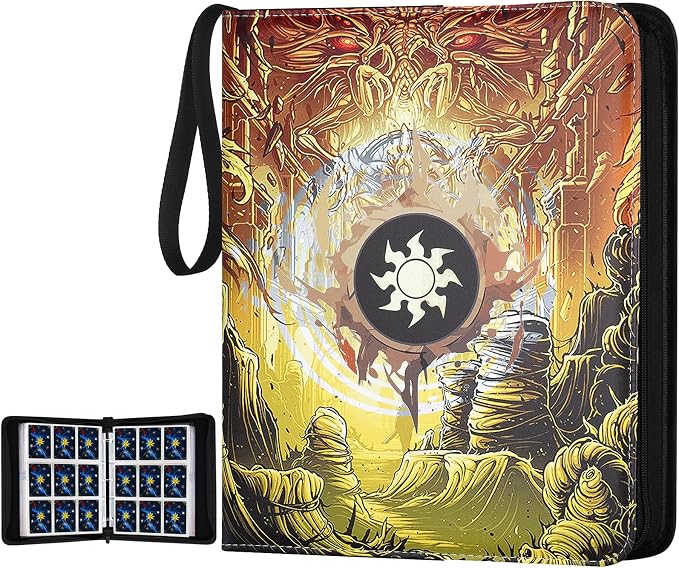 720 Pockets Round Ring Trading Card Binder, 9-Pocket Clear Zipper Card Album with Wrist Strap, Holds 720 Standard TCG Cards Compatible with Sports Baseball Football Game Cards (Yellow Print)