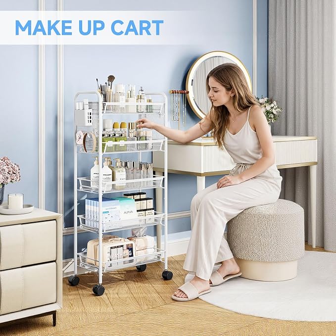 KINGRACK 5 Tier Rolling Cart, Metal Utility Storage Cart with Pegboard | Screwless Assembly, Lockable Wheels, 4 Hooks & 1 Bin, Mobile Organizer for Bathroom Kitchen Office Craft Room Laundry, White