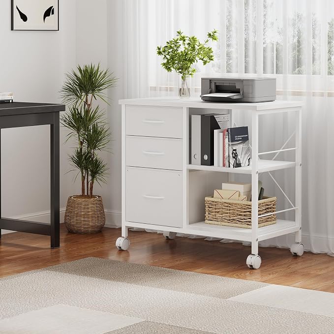 DUMOS 3 Drawer Mobile File Cabinet, Space Saving Rolling Printer Stand | Freestanding Fabric Lateral Filing Cabinet Fits A4/Letter Size, Printer Cart with Open Storage Shelf for Home Office, White