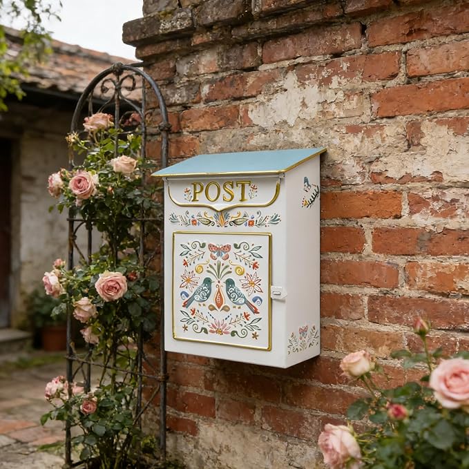 Mailbox Wall Mount Mailboxes for Outside Vintage Mail Boxes for House Outside Metal Drop Box Antique Style Nostalgic Charm Home Decorative, Flower Pattern