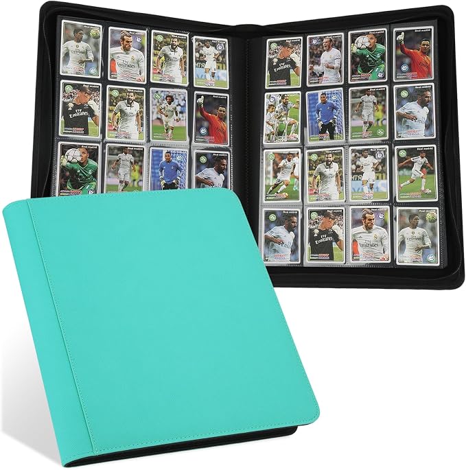 16 Pocket Ringless Side Loading Trading Card Binder, 1024 Cards PU Fixed Page Zipper Card Album for TCG Sports Game Cards, Not Fit Top Loaders(Lake Blue)