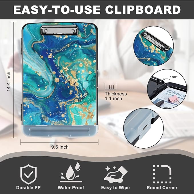 Clipboard with Storage,Storage Clipboard with Pen Holder,Heavy Duty Plastic Storage Clipboard with Low Profile Clip,Teacher Must Haves,Clipboard Folder,Office Supplies,Gold Marble -1336