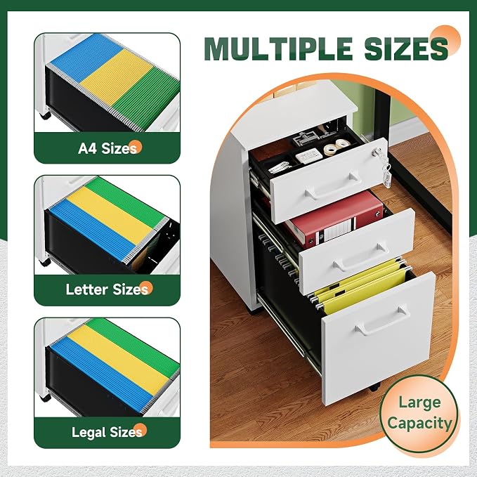 3 Drawer Mobile File Cabinet with Lock,Under Desk Metal Filing Cabinets for Home Office Organizer,Small Rolling Printer Stand with Wheels,for Letters/Legal/A4(Assembly Required) (White)