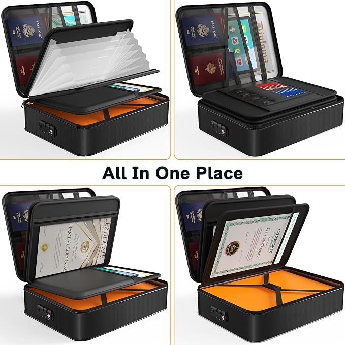 5200℉ Fireproof Document Box with Lock 16.1"x11.4"x4.3" | Portable ,Home ,Travel Water Resistant Document Storage Organizer with for Important Documents and File ,Black