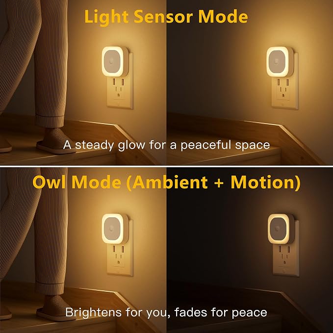 YUNLEX 2 Pack Plug in Night Light with Motion Sensor & Dusk to Dawn Sensor, 3 in 1, Dimmable Reflected Light, Warm White Nightlight for Living Room, Bathroom, Hallway, Stairs