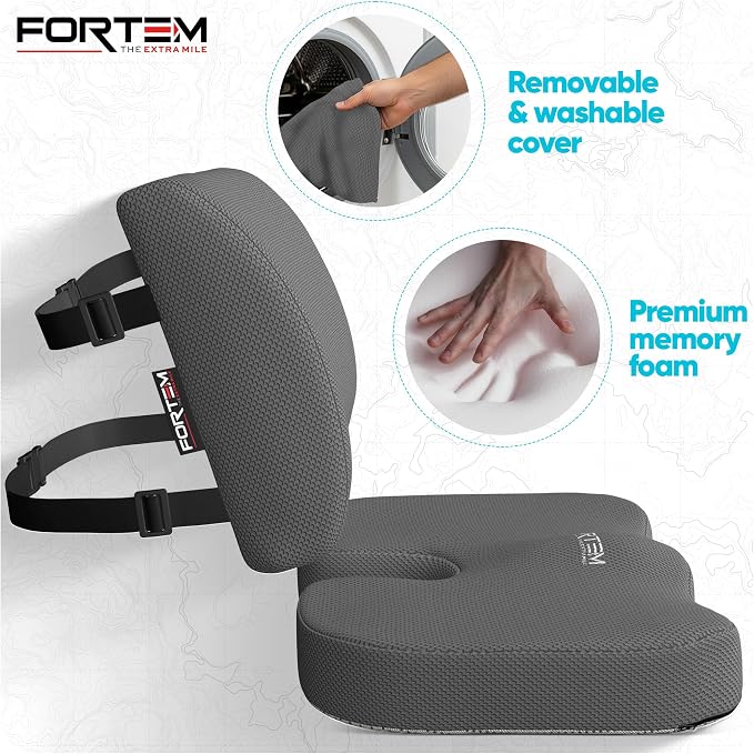 FORTEM Seat Cushion, Office Chair Cushion, Lumbar Support Pillow for Office Chair, Memory Foam Car Seat Cushions, Sciatica Coccyx Tailbone Pain Relief, Cushions for Back Support, Washable, Non Slip
