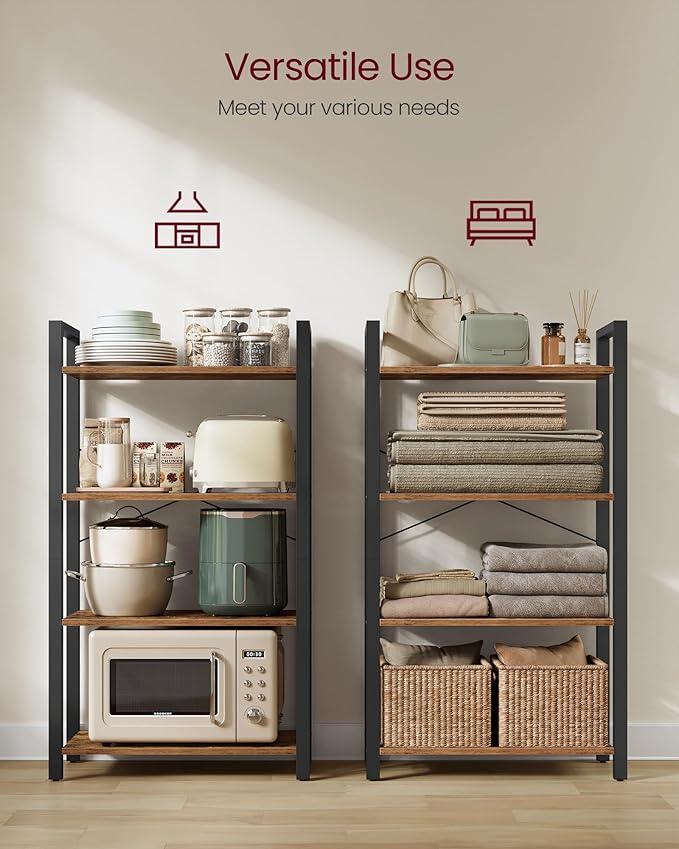 VASAGLE 4-Tier Bookshelf, Bookcase with Steel Frame, Book Shelf for Living Room, Home Office, Study, 11.8 x 26 x 47 Inches, Industrial Style, Rustic Brown and Ink Black ULLS60BX