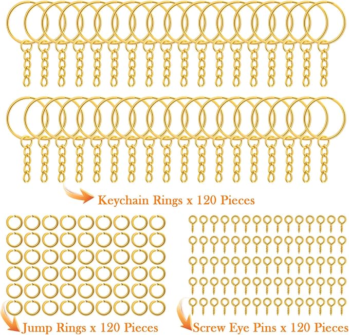 Audab 360Pcs Gold Keychain Bulk, 120Pcs Key Rings with Chain and 120Pcs Open Jump Rings with 120Pcs Screw Eye Pins for Crafts and Jewelry Making