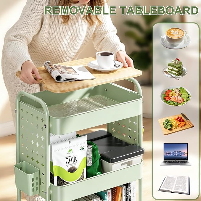 3 Tier Rolling Cart with Table top, Metal Utility Cart with DIY Pegboard | Sturdy Storage Organizer Cart with Locking Wheels,Hooks& Cups for Office, Classroom, Kitchen and Bathroom, Green