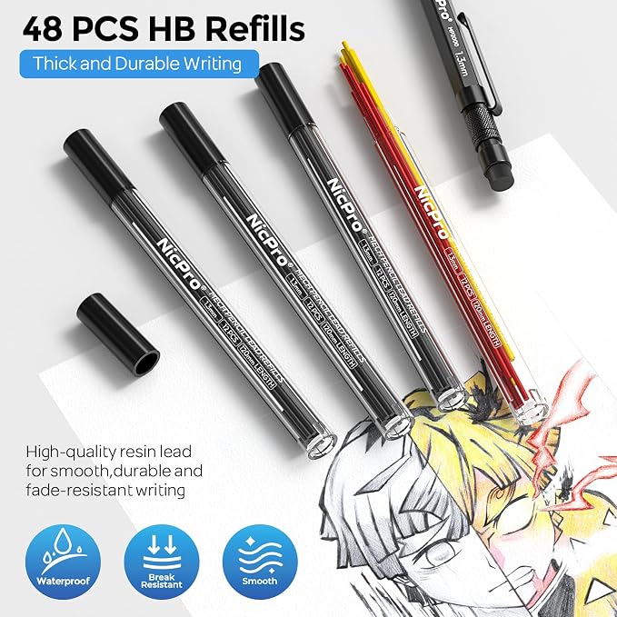 Nicpro 3 PCS 1.3 mm Mechanical Pencils Set with 48 Lead Refill, 3 Eraser | MP2000 Black Weatherproof Metal Barrel, Heavy Duty Carpenter Pencil for Outdoor Construction Marking Drafting and Drawing