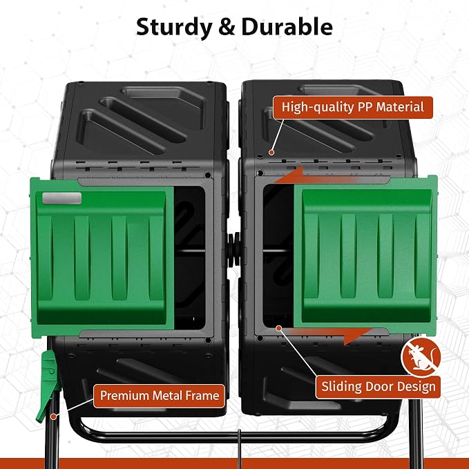 Compost Bin, 37-Gal Dual Chamber Composter Tumbler, Black Green | Steel Frame with 2 Sliding Door and Aeration System, 360° Rotating, Tumbling Composting Bin for Kitchen, Garden, Yard