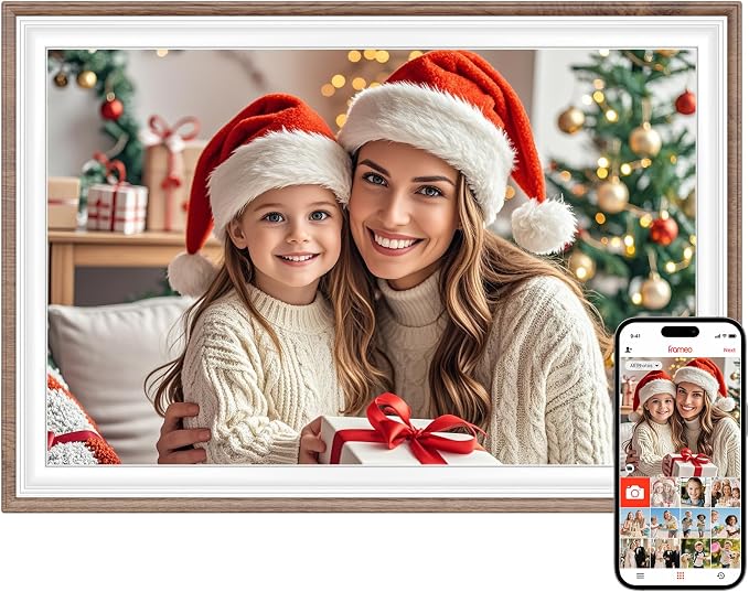 Frameo 10.1" Digital Picture Frame, Smart WiFi Digital Photo Frame with 1280x800 HD IPS Touch Screen 32GB Storage Auto-Rotate Wall Mounted, Share Photos/Videos Remotely(Brown&White)