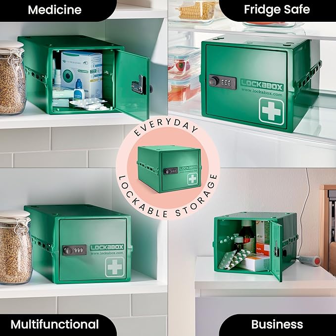 Lockabox One™ | Premium Medicine Lock Box | Medium Medication Lock Box With Code For Medicines, Vitamins & Supplements | External Size 12 x 8 x 6.6 inches (Medi Green)