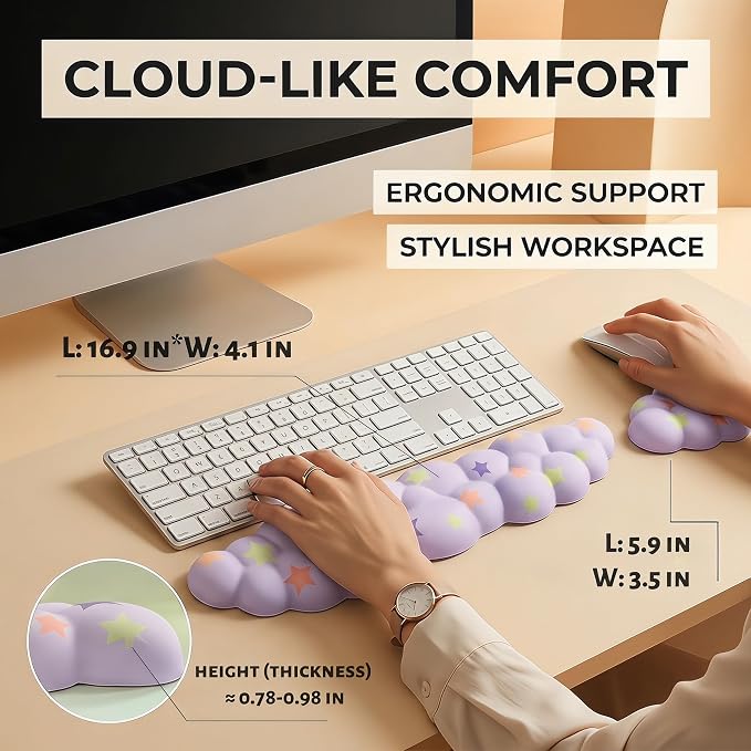 Cloud Wrist Rest Set for Keyboard & Mouse,Light Purple Colorful Star | Memory Foam Arm Rest with Ergonomic Support Fits Full Keyboards and Reduces Typing Fatigue for Office, Gaming and Home Use