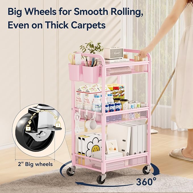 3 Tier Metal Rolling Cart, Pink Utility Storage Cart with Wheels | Metal Mesh Craft Cart With Hooks & Hanging Cups, Ideal For Kitchen, Bathroom, Office, Dorm, Art Workspace, Bedside Storage