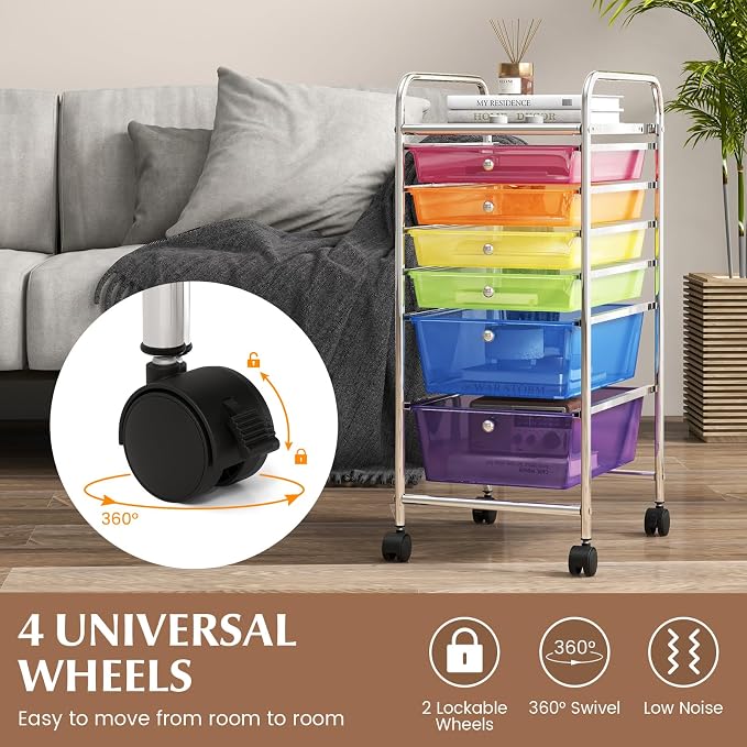 COSTWAY 6-Drawer Rolling Storage Cart, Art Craft Tools Organizer on Wheels | Multifunctional Heavy Duty Utility Mobile Storage Trolley w/ 2 Lockable Wheels for Home Office School (Rainbow)