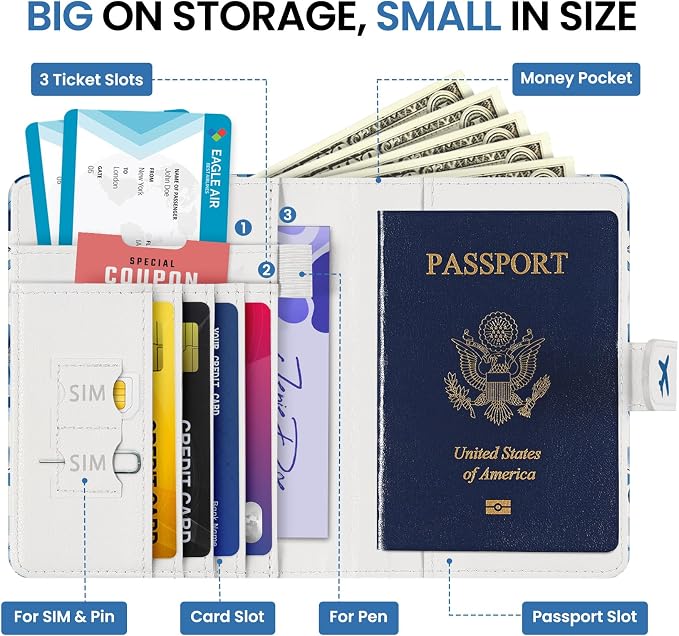 Passport Holder for Travel Essentials, RFID Blocking Leather Cover Wallet with Magnetic Closure, Aesthetic & Cute Passport Book Case for Women and Men - BlueFloral