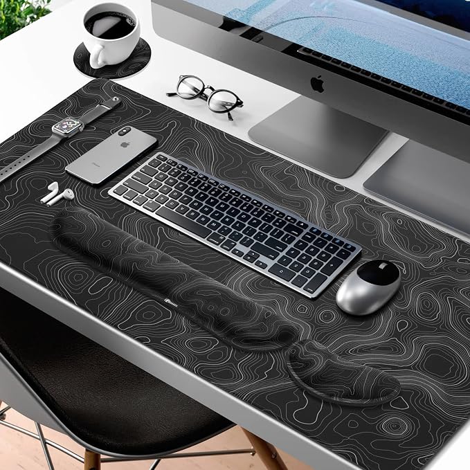 Gimars 4 in 1 Mouse Pad and Keyboard Wrist Rest Set, Large Mouse Pad with Memory Foam Wrist Support Pad for Desk with Coaster, Easy Typing Pain Relief, Gaming Office Home 31.5x12 in, Topographic Map