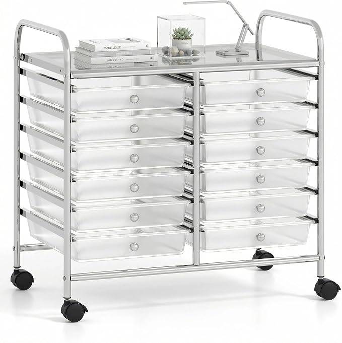 COSTWAY 12-Drawer Rolling Storage Cart, Utility Storage Organizer Cart | For Tools, Scrapbook, Paper, Craft, Multipurpose Art Supply Organizer on Wheels for Home Office School, Teacher, Clear