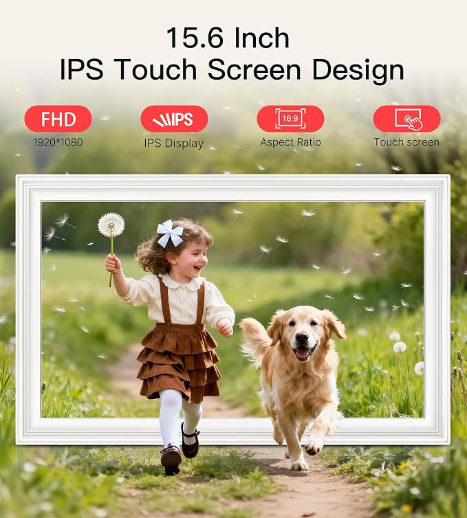 64GB Frameo 15.6" Digital Picture Frame Large 1920 x 1080 IPS FHD Touch Screen WiFi Electronic Photo Frames Share Moments Instantly Anywhere Best Gifts for Parents and Grandparents White