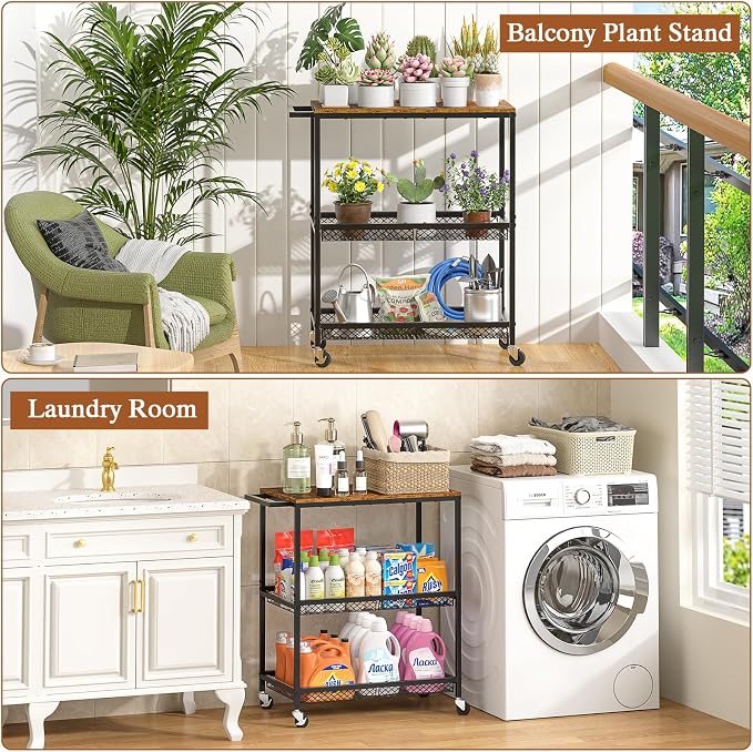 3 Tier Rolling Utility Kitchen Cart on Wheels, Heavy Duty Wire Rolling Cart with Wooden Top, Commercial Metal Serving Cart with Handle, Kitchen Island Food Storage Trolley for Laundry, Office, Garage