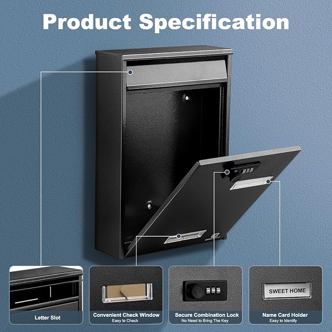 KINGCEPHAS Wall-Mounted Mailbox with Combination Lock,Small Capacity Mail Box for House, Waterproof Postbox,Mailboxes for Outside, 8.5” x 3” x 12.4” (Black)