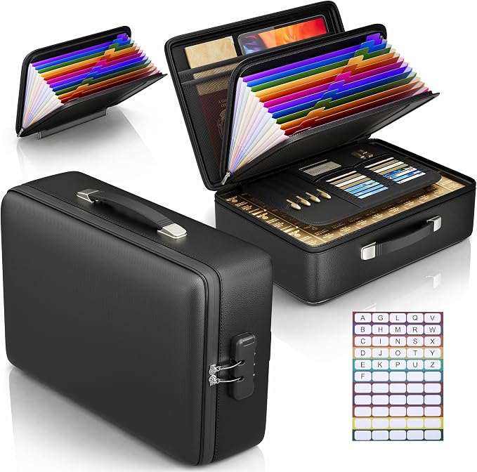 Fireproof Document Box, Hard Briefcase Fireproof Safe for Home Documents | Fire proof file box for documents, detachable accordion file organizer, waterproof digital document organiser briefcase