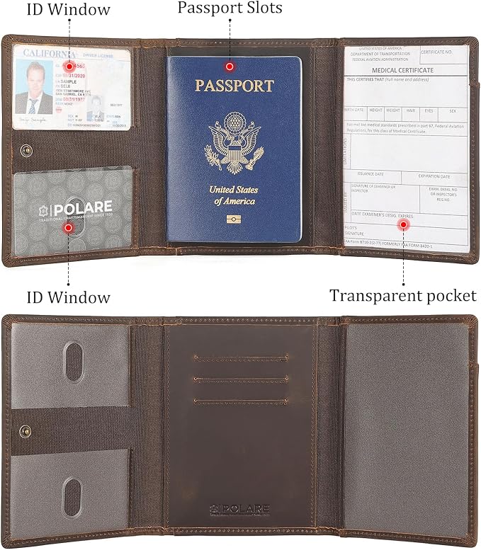 Polare Full Grain Leather Pilot Wallet Passport Holder RFID Blocking Tri-fold Travel Cover Document Organizer for Aviation Professionals (Dark Brown with AirTag Slot)