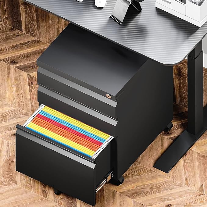 3 Drawer Mobile File Cabinet with Lock, Black Under Desk Rolling Filing Cabinet, Metal Locking File Cabinet on Wheels for Legal/Letter/A4 File (Required Assemble)