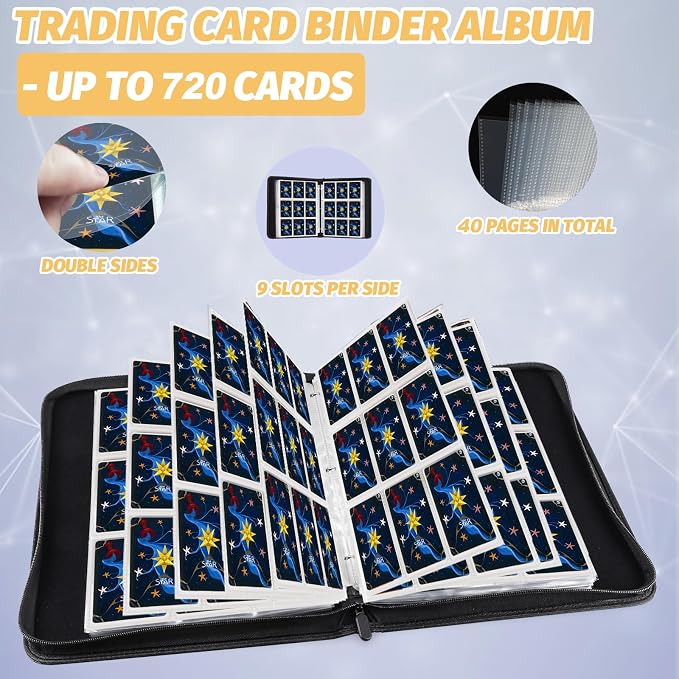 720 Pockets Round Ring Trading Card Binder, 9-Pocket Clear Zipper Card Album with Wrist Strap, Holds 720 Standard TCG Cards Compatible with Sports Baseball Football Game Cards (Dark Blue)