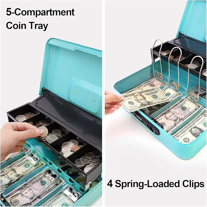 Jssmst Cash Box with Sliding Coin Lid and Snap Latch Combination Lock - Portable Cash Box with Money Tray and Lock, Secure Locking Money Box for Cash Organizer, 11.8L x 9.5W x 3.5H Inches, Light Blue