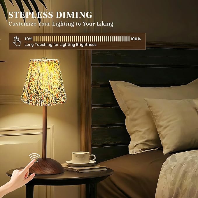 Small Vintage Cordless Table Lamp, Rechargeable Battery Operated Lamp with 3 Color Temperatures Stepless Dimming, Floral Bedside Nightstand Lamp for Bedroom, Living Room, Coffee Table, Bookshelf