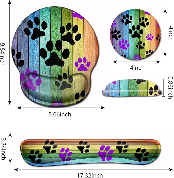 Mouse Pad with Wrist Support Memory Foam Keyboard Wrist Rest Gaming Mousepad Office Easy Typing Games to Relieve Fatigue Non-Slip Rustic Rainbow Woodgrain Black and Purple Dog Paw Personality Desings