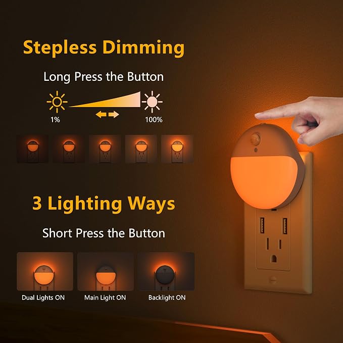 YUNLEX 2 Pack Plug in Sleep Night Light with Motion Sensor and Dusk to Dawn Sensor, 3 Modes, Soft Glow, Stepless Dimming, LED Lights for Bedroom, Sleep, Baby Nursery, Kids, Toddler, Home Decor (Amber)