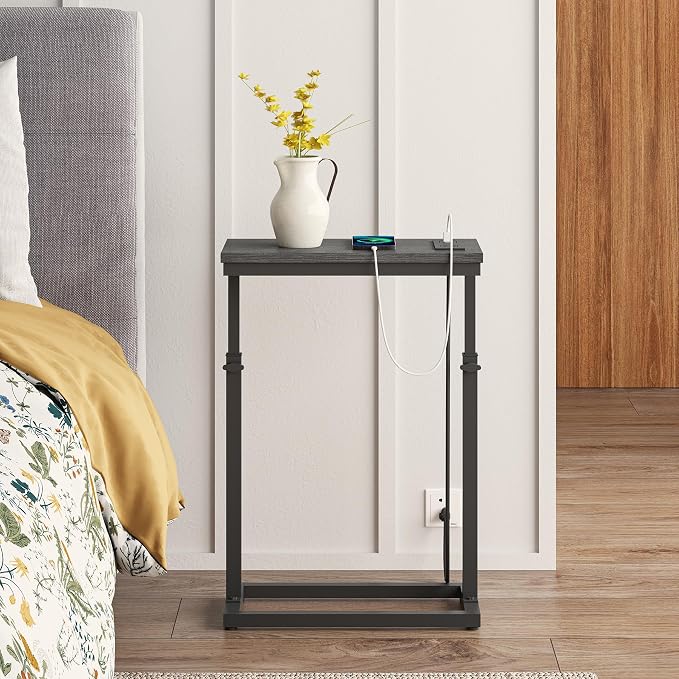 TUTOTAK End Table with Charging Station, Side Table, Tall Couch Table | Sofa Table, for living Room, Bedroom, Black TB01BK084