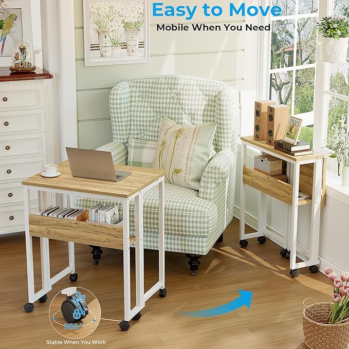 GreenForest Folding Desk with Wheels, 24.8" Rolling Table for Small Spaces | Storage Shelf, Lockable Casters, Compact Portable Workstation, Space-Saving Foldable Sofa Table, Home Office, Mobile, Oak