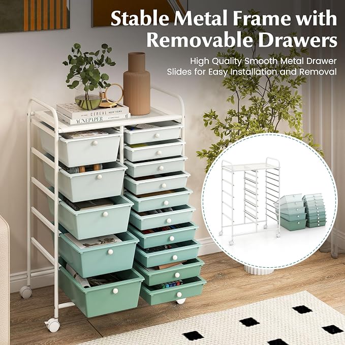 GLACER 15 Drawers Rolling Storage Cart, Steel Frame Craft Organizer Cart | Utility Cart w/ Lockable Wheels & Handle, Mobile Art & Tool Supply Trolley for Teacher, Home, School, Office (Green Gradient)
