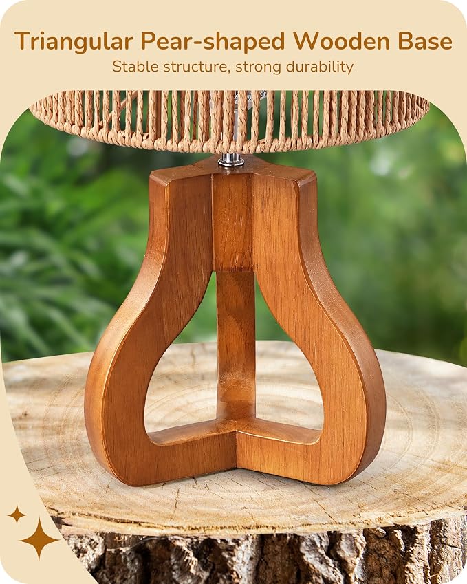 EDISHINE Small Table Lamp, Rose Wood Base, Handwoven Paper Rope Shade, E26 | Tripod Base Nightstand Lamp, On-Off Line Switch, 14.6" Rattan Bedside Lamp for Bedroom Living Room, Office
