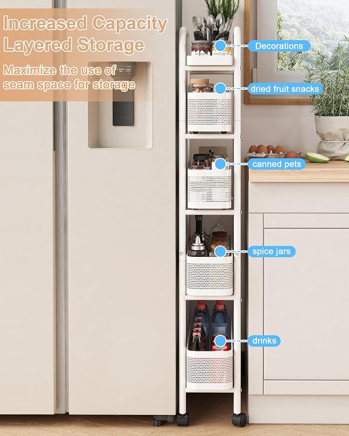 UMDONX 5-Tier Narrow Mobile Storage Cart with Pull-Out Baskets | The Multifunctional Pull-out Storage Rack Is Suitable for Bathrooms, Kitchens, and Laundry Rooms