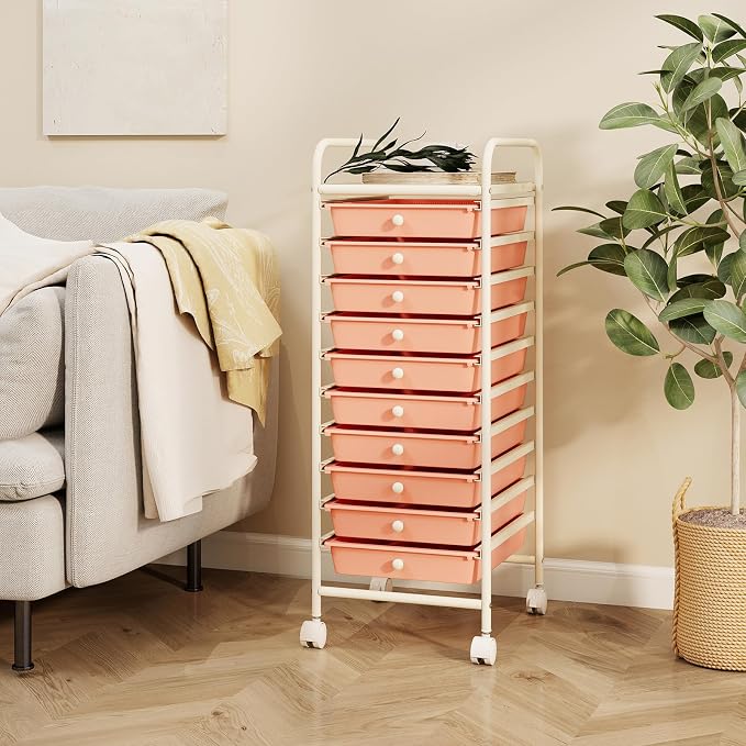 GLACER 10 Drawers Rolling Cart, Storage Cart with w/Removable Drawers & Steel Frame, Utility Mobile Trolley w/Universal Casters & 2 Brakes, Organizer Cart for Home, School, Office (Peach Fuzz)