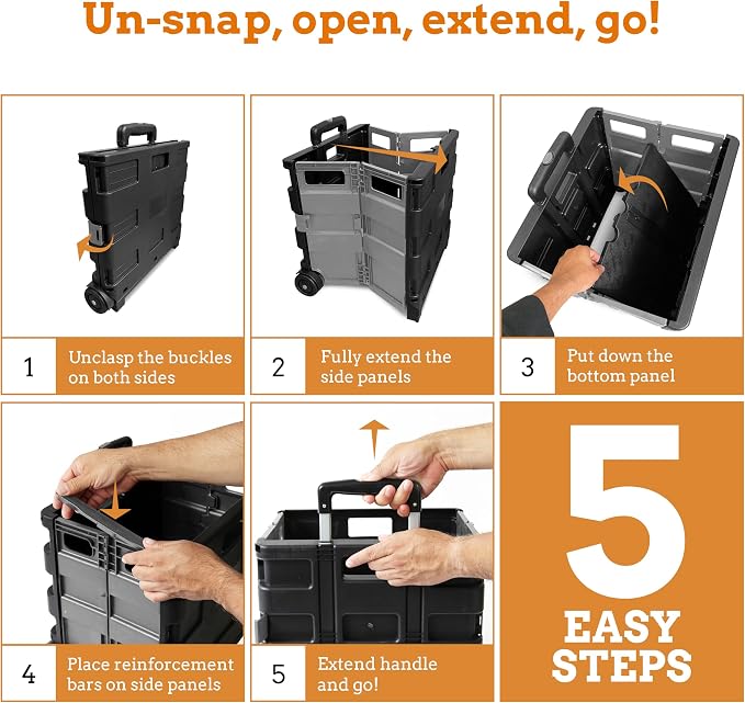 Ultra-Slim Rolling Collapsible Storage Pack-N-Roll Utility-carts, with Telescopic Handle, for Home, Garden, Shopping, Office, School use, Medium, Grey & Black
