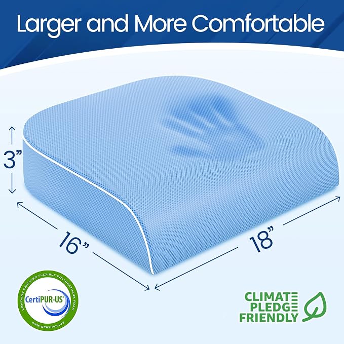 SweetSlubr Seat Cushion for Tailbone Pain Relief, Office Chair Cushion, Memory Foam Large Chair Pad with Non-Slip Cover for Soft Support at Office Chair, Car Seat, Airplane Light Blue/Large