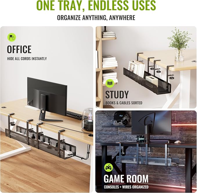 [Upgraded] 2 Pack Cable Management Under Desk Tray, Xpatee 27.6" No Drill Open Slots Cable Management Tray, Cord Wire Organizer Box with Clamp for Table Thickness up to 3" - No Desk Damage(Black)