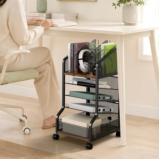 Rolling File Cart Under Desk Storage and Organizers 5-Tier Black | Small Filing Cabinet with Adjustable Dividers and Lockable Wheels, Under Desk File Organizer for Home, Office