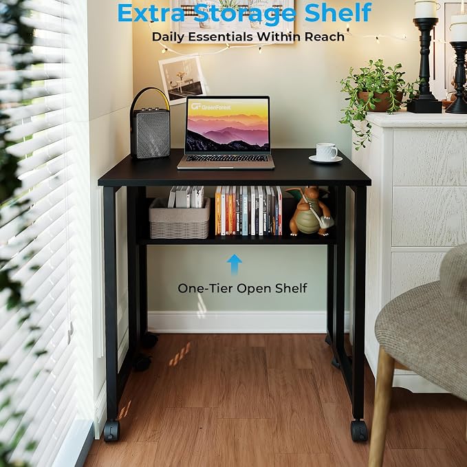 GreenForest Folding Desk with Wheels, 24.8" Rolling Table for Small Spaces | Storage Shelf, Lockable Casters, Compact Portable Workstation, Space-Saving Foldable Sofa Table, Home Office, Mobile, Black