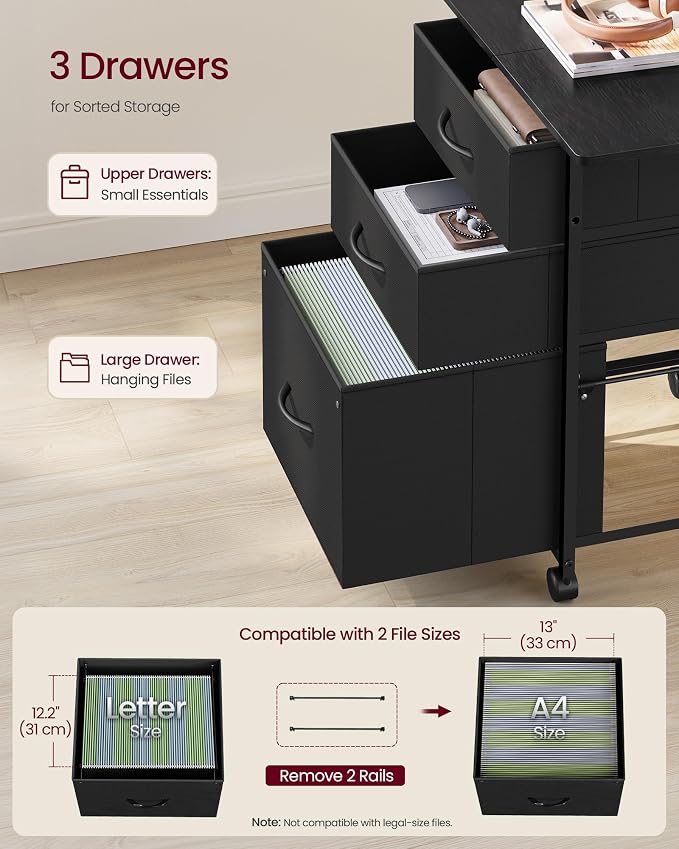 VASAGLE Mobile Printer Stand with Storage, Filing Cabinet, Side Pockets | Filing Cabinet for A4 Letter Size, 23.6 x 15.7 x 26.8 Inch, Ink Black, BELLAH Collection UOFC201BC01