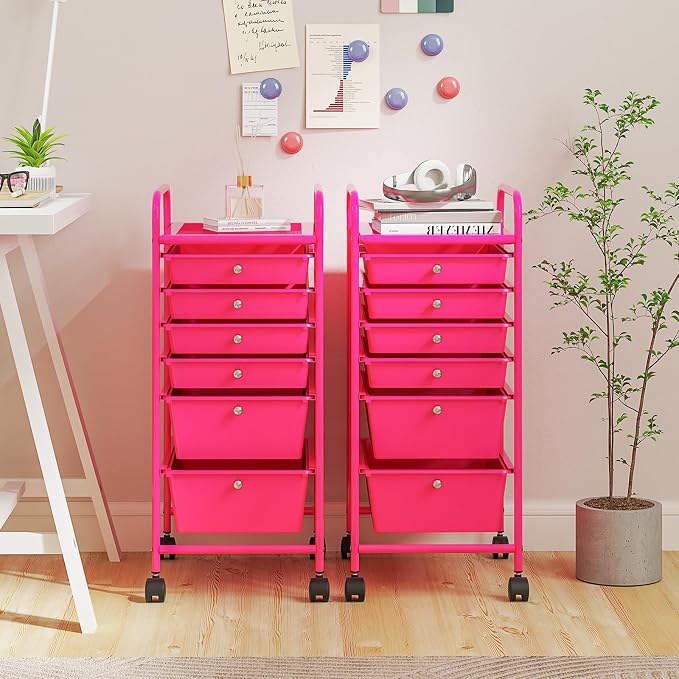 COSTWAY 6-Drawer Rolling Storage Cart, Art Craft Tools Organizer on Wheels | Multifunctional Heavy Duty Utility Mobile Storage Trolley w/ 2 Lockable Wheels for Home Office School (Hot Pink)